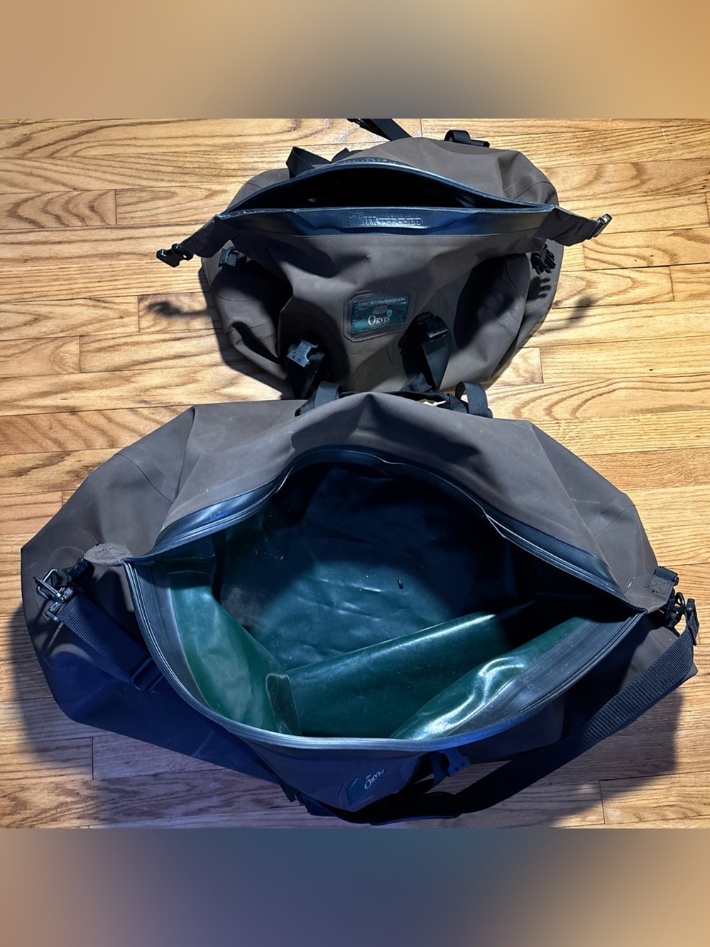 LOT OF 2 ORVIS waterproof roll-top duffel bags 31” XXL & 19” M - brown - Picture 3 of 9